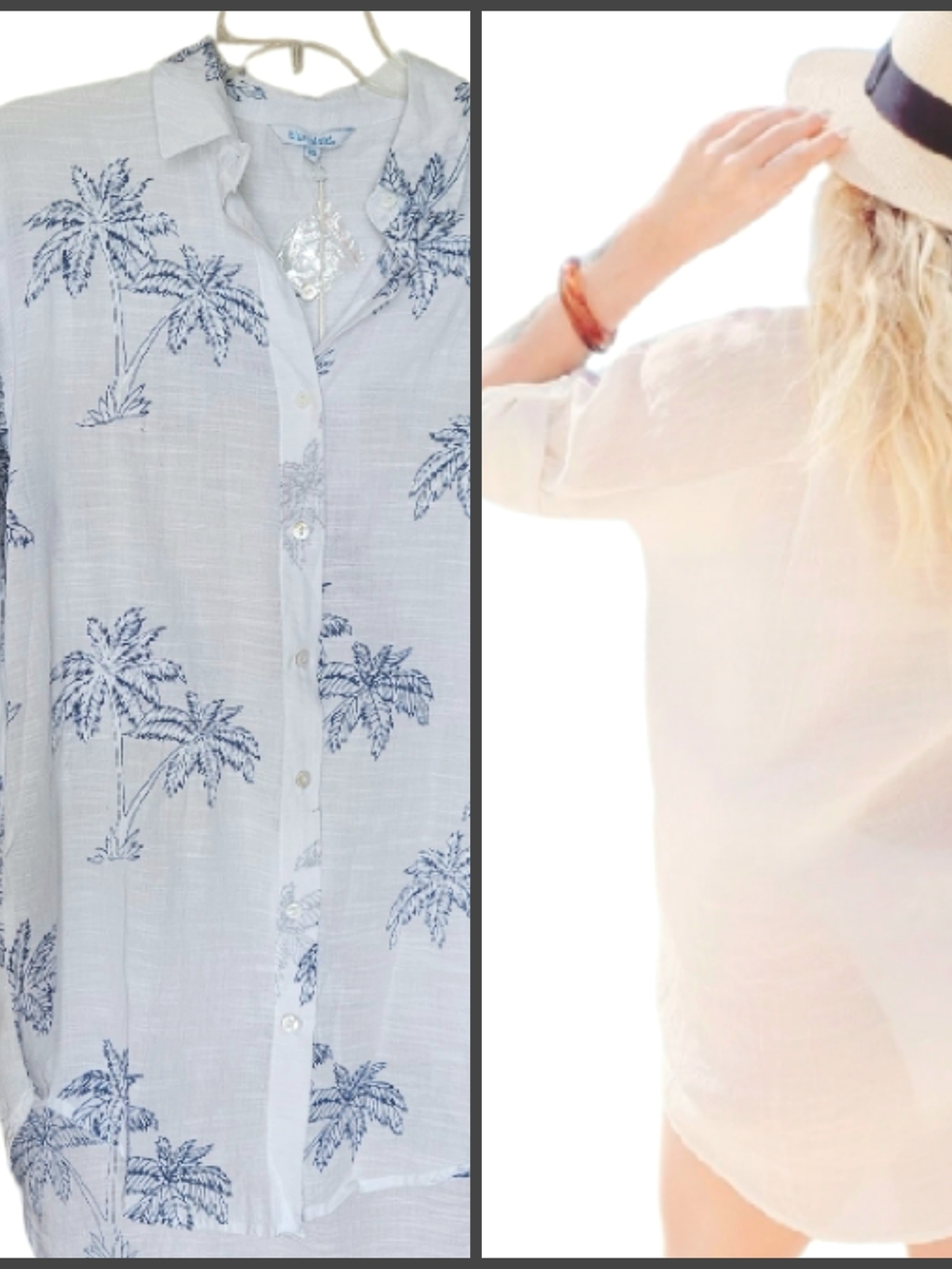 NEW! BLUE ISLAND Cotton Palm Tree Buttondown Tunic  Swimwear Beach Cover Up XS.